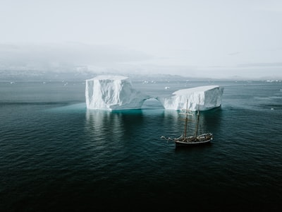 冰山附近的一艘棕色和白色的船